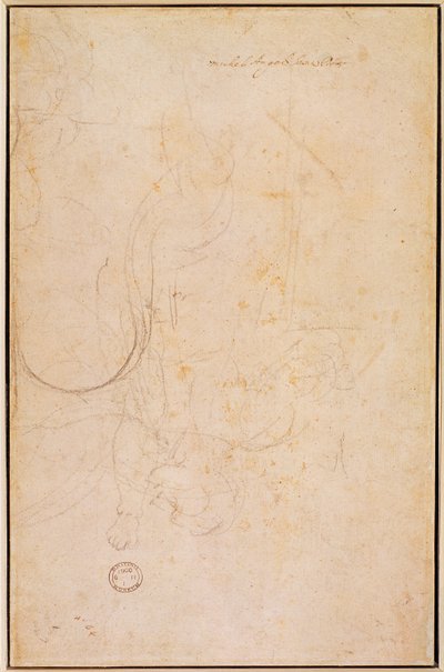 Schets van een figuur met handtekening van de kunstenaar door Michelangelo Buonarroti